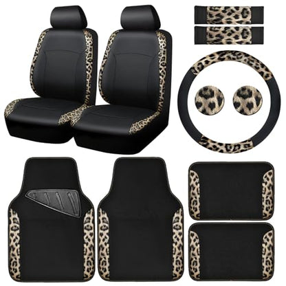 CAR PASS Leopard Print Faux Leather Car Seat Covers & Leopard Car Mats&Leopard Steering Wheel Cover Seat Belt Universal Car Accessories for SUV,Van,Saden,Truck Automobile Interior Sets(Gold Black) - color: Leopard Gold combo