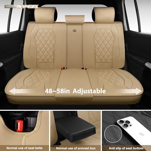 CAR PASS Luxury Nappa Leather Seat Covers Full Set, 3D Rhombus Waterproof Faux Leather Seat Covers, Universal Automotive Seat Cushion Fit for Most Sedan SUV Truck Van, Armrest Airbag Compatible Beige - color: beige