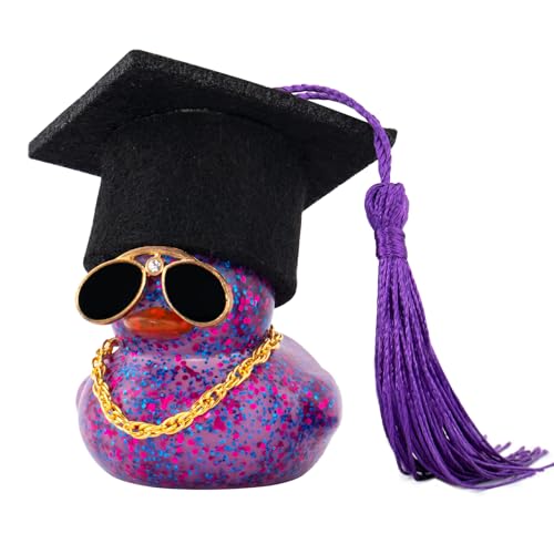wonuu Car Dashboard Decor Graduation Hat Color Rubber Duck, Car Ducks Ornaments with Mini Graduation Hat Necklace Sunglasses (Glitter, Dark Purple) - color: Dark Purple, style: Glitter