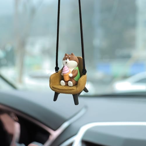 Bear Rear View Mirror Hanging Accessories Cute Bear Sitting Sofa Eatting Ice Cream Car Hanging Ornament Pendant Interior Rearview Mirror Decoration - color: Car Hanging Bear Eating