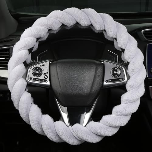 Fluffy Grey Steering Wheel Cover for Women Girls, Cute Plush Fuzzy 15" Universal Anti-Slip Breathable, Soft Warm Cozy for Teen College Student, Elegant Girly 14.5-15 Inch - color: Grey