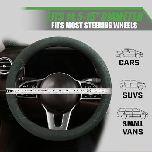 Suede Steering Wheel Cover with Upgraded Silicone Inner Ring, Breathable, Anti-Slip, Leather Universal 14.5 to 15 Inch Steering Wheel Cover (Green with Embossing Pattern) - style: Green with Embossing Pattern