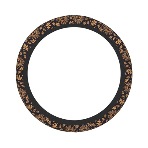 Elastic Sun Moon Leaves Car Steering Wheel Cover Protector Upgrade Thicken,Gold Boho Black,Anti Slip Durable Soft Car Interior Decor for Diverse Cars Truck SUV for Men Women Universal 15 Inch