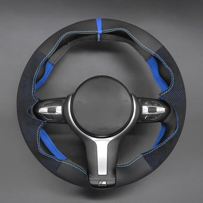 MEWANT Hand-Stitched Steering Wheel Cover for BMW (M Sport) F22 F23 F30 F34 F32 F33 F36 F10 F07 F12 F13 F06 F39 F25 F26 F15 F16, DIY Custom Fit Steering Wheel Wrap for BMW - color: 12:Genuine leather & IT-ALCAN with blue layer