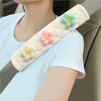 Soft Auto Seat Belt Cover Seatbelt Shoulder Pad Cushions 2 PCS for a More Comfortable Driving Universal Fit for All Cars and Backpack Off-White Knitted Flower (Green & Pink)