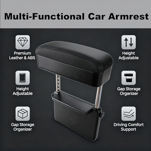 Flecto Car Armrest Storage Box, Adjustable Height Car Seat Gap Filler Organizer and Elbow Rest Support, Compatible with Most Car Models, Console Extension for Driver Fatigue Relief, Black