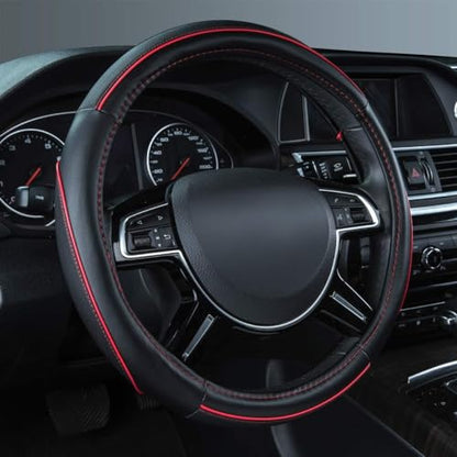 Car Pass Colour Piping Leather Steering Wheel Cover,Perfectly fit for 14.5-15 inches for Various Vehicles SUVs,Vans,Sedans,Cars (Black & Red) - color: Black and Red