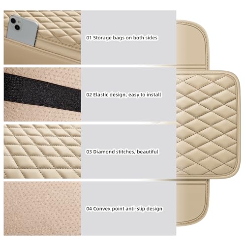 Waterproof Leather Car Center Console Pad with 2 Storage Bags, Auto Armrest Box Cover Protector, Comfortable Interior Accessories for Most Household Cars, Sedans & SUV (Cream)