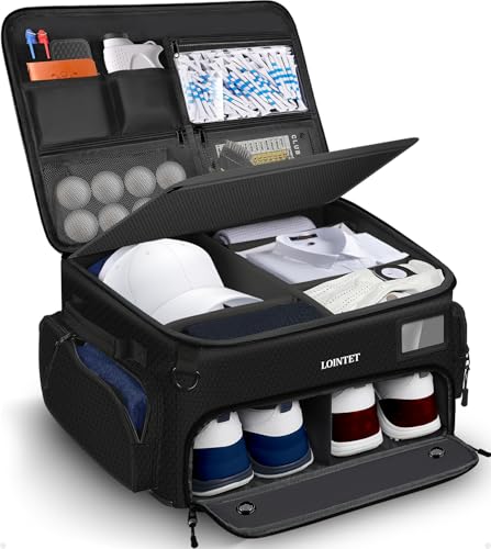 LOINTET Golf Trunk Organizer, Waterproof Car Golf Locker with Separate Ventilated Compartment for 2 Pair Shoes, Golf Storage for Balls, Tees, Cap, Clothes, Gloves, Accessories, Gifts for Men, Women - color: Black
