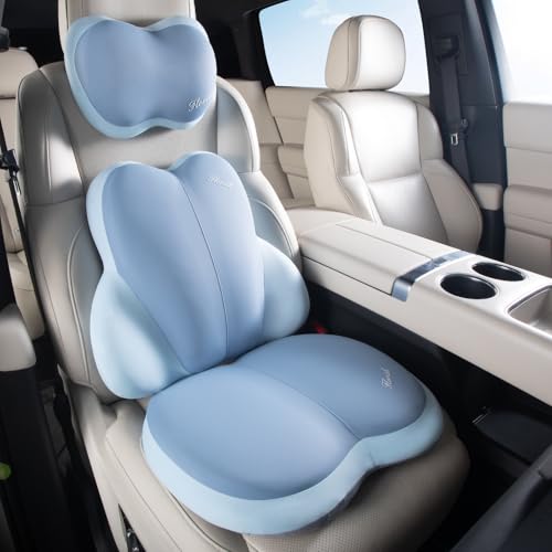 3 PCS Seat Cushion for Carseat Lumbar Support Pillow Car Neck Headrest Pillows Ultrathick Memory Foam Seat Pads Pressure Relief Back Cushion for Office Chair(Blue) - color: Blue, size: Cushion+lumbar+headrest