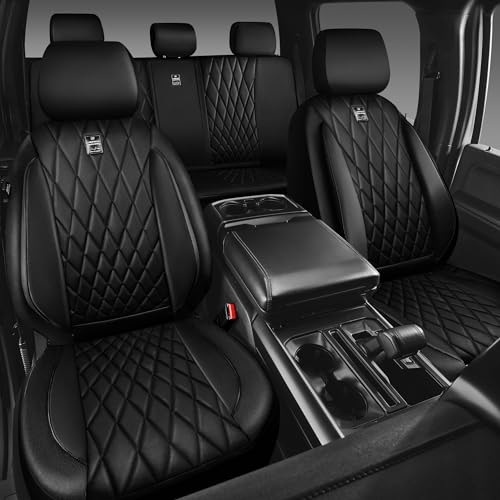 CAR PASS 5 Seats Piping Luxury Faux Leather Seat Covers Full Set, Anti-Slip Waterproof Seat Covers Compatible with Front Armrests, Universal Fit for Suvs,Vans,Trucks,Airbag Compatible, Pure Black - color: Black with Black, size: Full Set