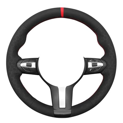 MEWANT Hand-Stitched Steering Wheel Cover for BMW (M Sport) F22 F23 F30 F34 F32 F33 F36 F10 F07 F12 F13 F06 F39 F25 F26 F15 F16, DIY Custom Fit Steering Wheel Wrap for BMW - color: 45:red stripe + red thread