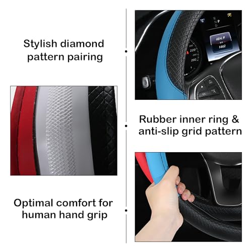 Leather Patchwork Black Blue Steering Wheel Cover, 14.5-15 Inch Non-Slip Breathable Microfiber Car Steering Wheel Protector - color: Leather Patchwork - Black Blue