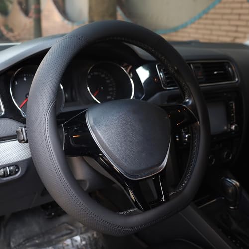 D-Shaped Steering Wheel Cover for Kia Soul K5 Forte Optima Stinger Seltos EV6 2021 2022 2023 2024 2025 2026 Accessories, Black Microfiber Leather with Breathable Holes 14.5-15 inches