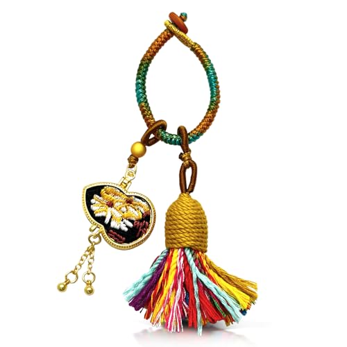 Handmade Tassel Keychain for Car Keys, Purse, Bag Charm Accessory, Bohemian Fringe Pendant Gift - color: Gilded Totem Square Charm