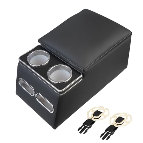 Center Console Organizer Armrest Storage Box with Cup and Phone Holder for Car & Van & Truck Floor Cab Back Bench Seat Black