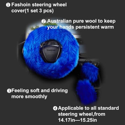 Yontree Fashion Fluffy Steering Wheel Covers for Women/Girls/Ladies Australia Pure Wool 15 Inch 1 Set 3 Pcs (Blue) - color: Blue, size: Long Wool