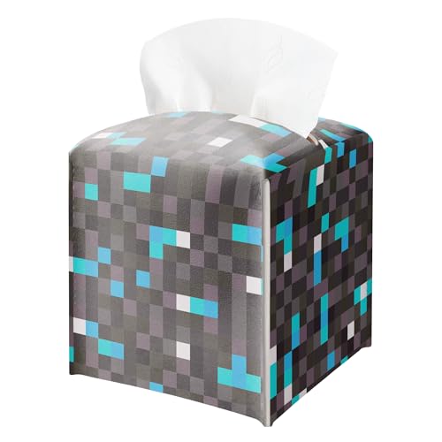 Pixel Diamond Ore Square Leather Tissue Box Cover – Gaming Themed Facial Paper Organizer, Fun Birthday Gift for Kids & Gamers, Decorative Bathroom, Bedroom & Game Room Decor - color: Gray