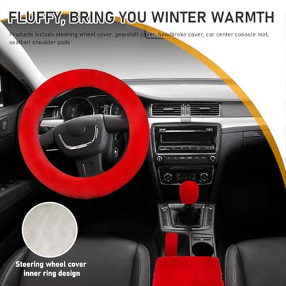 Ohleats 6 PCS Fluffy Steering Wheel Covers Set, 15'' Furry Car Wheel Cover, Soft Gear Shift & Handbrake Cover, Center Console & Seat Belt Shoulder Pads for Women, Car Accessories (Red) - color: Red