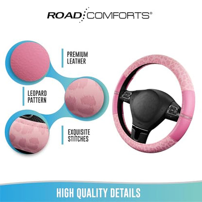 Road Comforts Leopard Steering Wheel Cover for Women, Cute Anti-Slip Microfiber Leather, Universal Fit 14.5-15 Inch Round Steering Wheel - Full Pink - color: Round All Pink