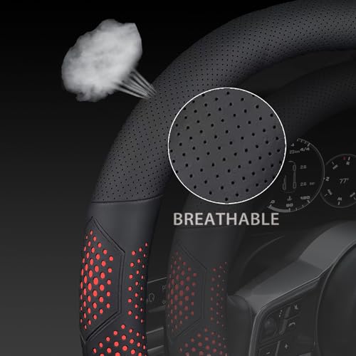 Leather Steering Wheel Cover for Jeep Wrangler Grand Cherokee Compass, 14.5-15 inches Car Steering Wheel Cover with Non-Slip Breathable (Red) - color: Red
