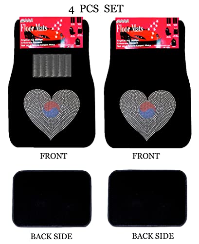 Universal Fit Front/Rear 4-Piece Full Set Crystal Bling Rhinestone Design Studded Black Carpet Floor Mats (Korea Heart/Black) - color: Korea Heart/Black