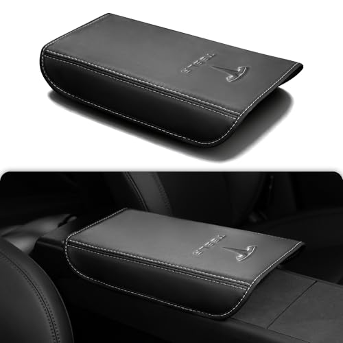 Center Console Armrest Cover for Tesla Model Y 2020-2026 / Model 3 2019-2025, Soft Embossed Armrest Protector Armrest Box Cushion Non-Slip Leather with Logo, Black Accessories for Tesla - color: Black