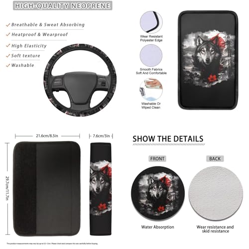 Wolf Flower Printed 16 Piece Car Interior Cover Set, Car Front Rear Seat Covers with Steering Wheel Protector Center Console Covers Seatbelt Pads Head Rest Cover Cars Coaster, Universal Fit - color: Black and Gray - Wolf Flower