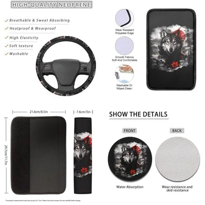 Wolf Flower Printed 16 Piece Car Interior Cover Set, Car Front Rear Seat Covers with Steering Wheel Protector Center Console Covers Seatbelt Pads Head Rest Cover Cars Coaster, Universal Fit - color: Black and Gray - Wolf Flower