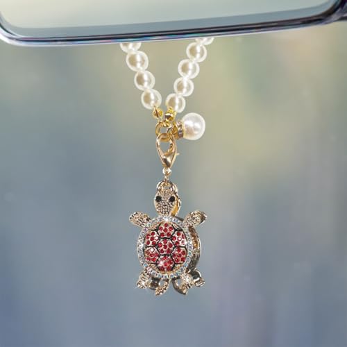 Bling Turtle Car Hanging Ornament, Sparkling Rhinestone Pearl Car Rear View Mirror Charm, Double-Sided Funny Vehicle Interior Pendant Decoration Accessories for Most Cars (Red) - color: Red