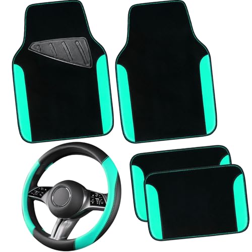 CAR PASS Faux Leather Steering Wheel Cover and Waterproof Car Floor Mats,Universal Car Combo Fit for 95% Sedan,SUV,Cars,14.5-15inch Sporty Anti-Slip Safety Comfortable Design(Black＆Mint) - color: Mint