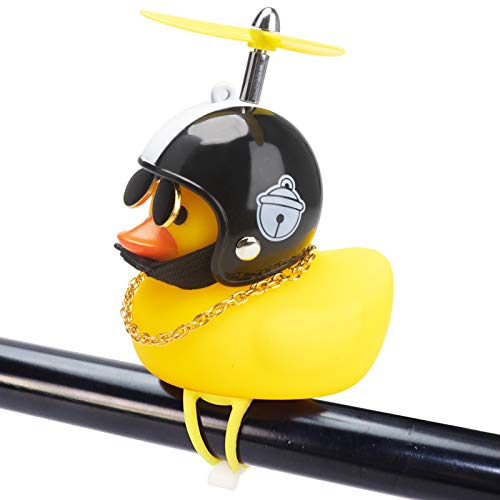 Rubber Duck Toy Car Ornaments Yellow Duck Car Dashboard Decorations Squeeze Duck Bicycle Horns with Propeller Helmet - color: Black Hat White Bell-Light