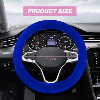 Wuyaoyao 10PCS Fluffy Car Accessories Set for Women Girls, Cute Furry Steering Wheel Cover, Gear Shift & Handbrake Cover, Armrest Pad, Seat Belt Shoulder Pads, Diamond Ignition Ring & Cup Mats (Blue)