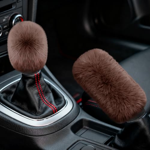 2PCS Plush Car Gear Shift Knob Cover & Handbrake Cover, Shift Knob Protector, Soft Fluffy Gear Handbrake Protective Sleeves, Shifter Lever Brake Handle Warm Plush Set for Cars (Coffee) - color: Coffee