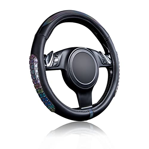 Flying Banner car Steering Wheel Cover Gel Massage Velvet Cool Warm Universal Size 15 inches SUV Truck Anti Slip Odorless Summer Winter (Black Muti-Volor Faux Leather, Gel Massage)