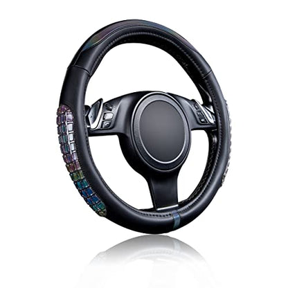 Flying Banner car Steering Wheel Cover Gel Massage Velvet Cool Warm Universal Size 15 inches SUV Truck Anti Slip Odorless Summer Winter (Black Muti-Volor Faux Leather, Gel Massage)