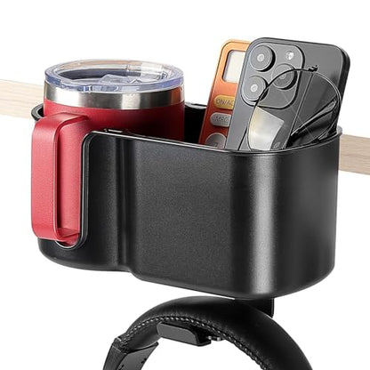 KEMIMOTO Desk Cup Holder with Headphone Hanger, 2 in 1 Caddy Organizer for Office Table, Lawn Chair, Golf Cart, Pontoon Boat, Fit for Most 18-32 oz Bottles (1) - color: Black