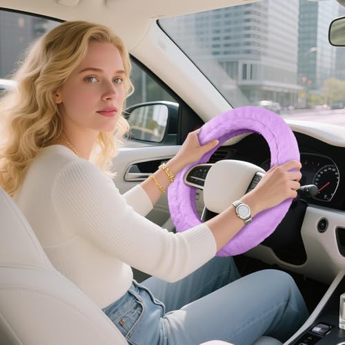 Road Comforts Steering Wheel Cover, Fluffy Car Wheel Covers for Women/Girls/Ladies，Soft Wool Fur Steering Wheel Protector, Universal 14 1/2 inches to 15 inches - Purple - color: Purple