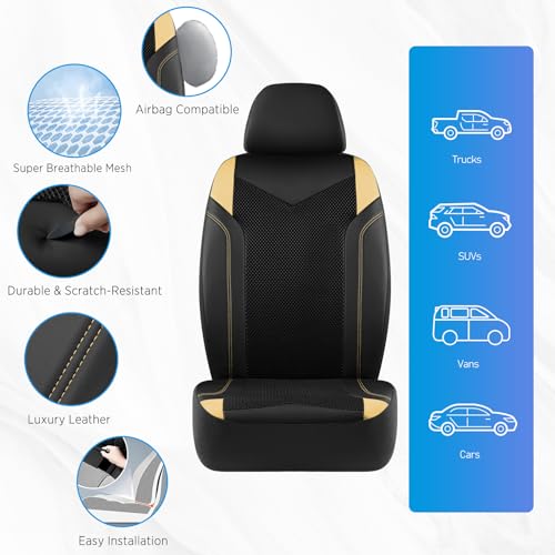 PIC AUTO Car Seat Cover, Super Breathable Mesh Front Seat Cover for Cars, Beige Leather Seat Covers, Universal Fit, Durable, Airbag Compatible, Suitable for SUVs, Trucks, Sedans, and Vehicles