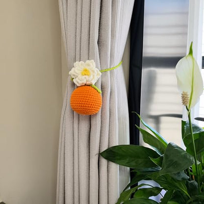 Cute Tangerine Car Mirror Hanger - Crochet Hand Knitted Rear View Mirror Accessory - color: Tangerine