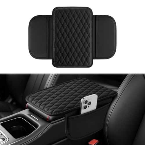 Amiss Car Center Console Cover, Upgraded Leather Car Armrest Cushion with 2 Storage Pockets, Universal Waterproof Cushion Pad, Non-Slip Car Interior Accessories, Fits Most Sedans SUVs Trucks (Black) - color: black, size: With Storage