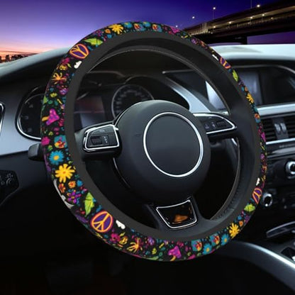 Retro Flower Peace Rainbow Love Steering Wheel Cover Elastic Non-Slip Car Steering Wheel Covers with Seat Belt Shoulder Pad for Women Men - color: Retro Flower Peace Rainbow Love