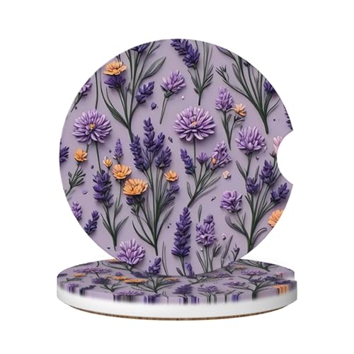 Absorbent Ceramic Car Coasters for Cup Holders, Purple Lavender Flower Design 2.56" Anti Slip Universal Drink Cup Coasters for Women Men (2 Pack) - color: Purple Lavender Flower