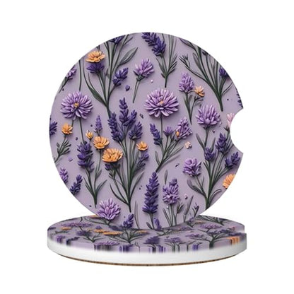 Absorbent Ceramic Car Coasters for Cup Holders, Purple Lavender Flower Design 2.56" Anti Slip Universal Drink Cup Coasters for Women Men (2 Pack) - color: Purple Lavender Flower