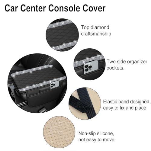 NBTEPEM Bling Car Center Console Cover, Leather Car Arm Rest Cover Cushion with 2 Storage Bags, Universal Auto Armrest Protector Storage Box, Bling Accessories Interior for Most Vehicles (Silver)