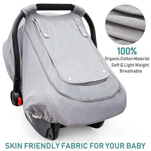Baby Car Seat Cover for Summer/Spring,100% Organic Cotton Carseat Cover for Babies,Infant Car Seat Cover Canopy for Boys& Girls, Lightweight & Breathable (Gray)