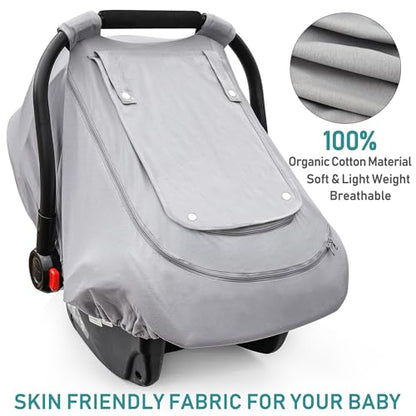 Baby Car Seat Cover for Summer/Spring,100% Organic Cotton Carseat Cover for Babies,Infant Car Seat Cover Canopy for Boys& Girls, Lightweight & Breathable (Gray)