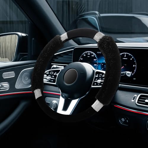 Achiou Rhinestone Fluffy Steering Wheel Cover - Comfortable Non-Slip Luxury Faux Wool, Universal Fit for 14.5" to 15" Steering Wheels - color: Black and Black