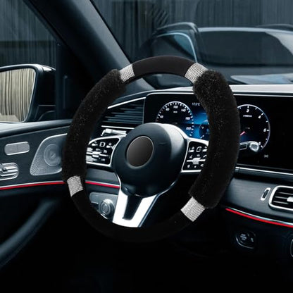 Achiou Rhinestone Fluffy Steering Wheel Cover - Comfortable Non-Slip Luxury Faux Wool, Universal Fit for 14.5" to 15" Steering Wheels - color: Black and Black