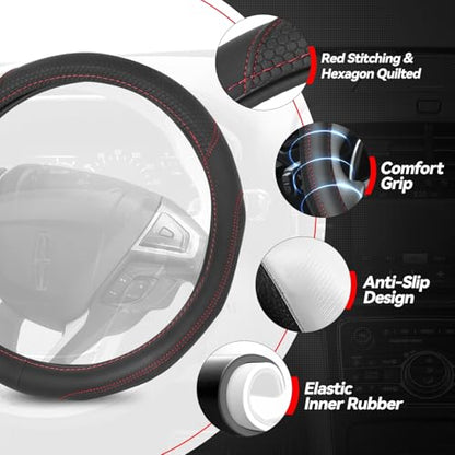 Auto Dynasty Steering Wheel Cover, Breathable Microfiber Leather Car Steering Wheel Protector with Hexagon Quilted Non-Slip Grip Pattern, Anti-Slip, [14 1/2 to 15 Inches] Universal Fit Cars Trucks SUV - color: Hexagon Stitched Red A